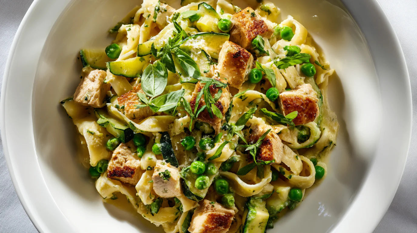 Hähnchen-Zucchini Pasta mit Erbsen und cremiger Zitronensauce, angerichtet mit frischem Basilikum auf weißem Teller