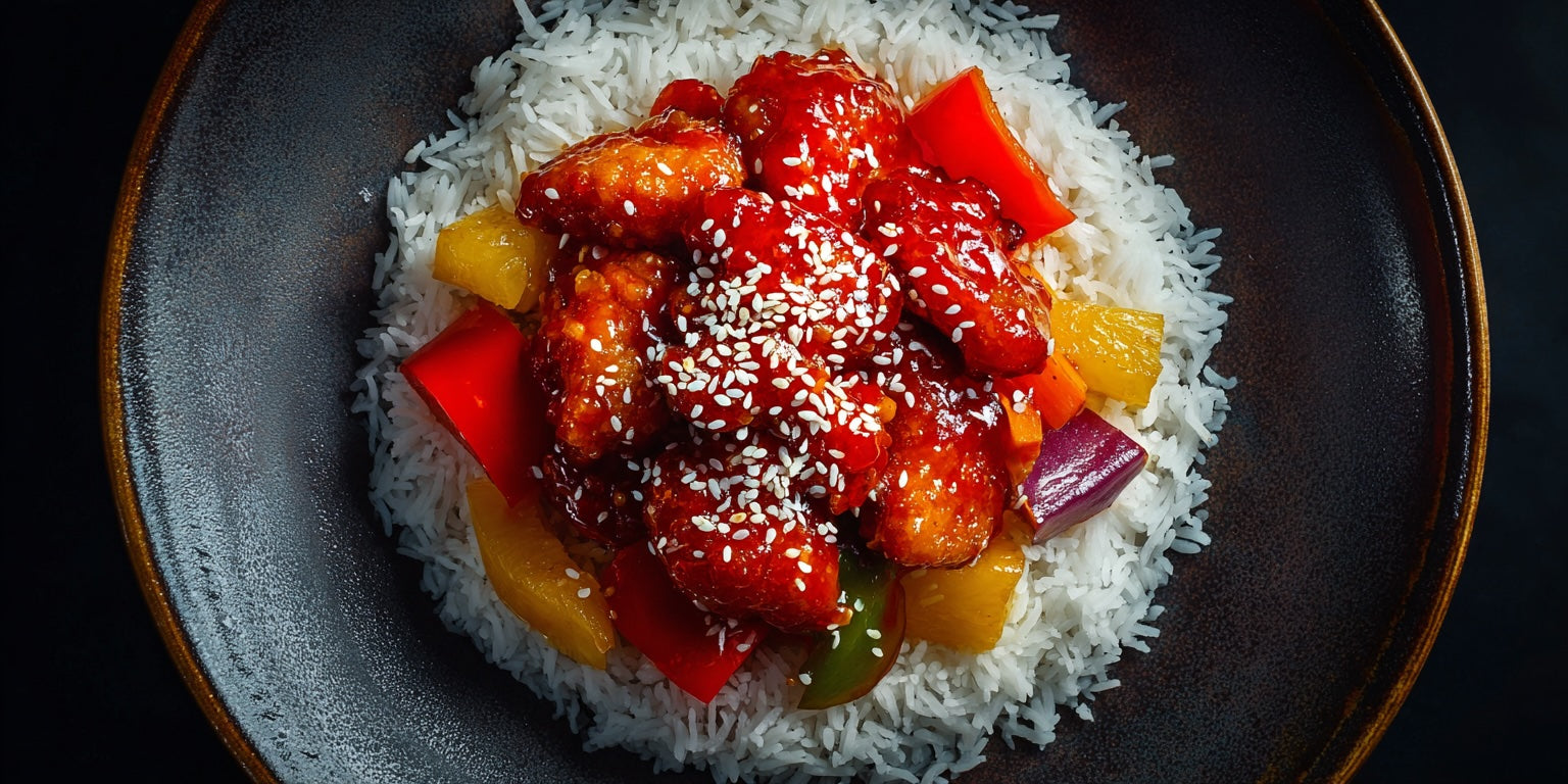 Hähnchen Süß-Sauer mit Reis – knuspriges Hähnchen in süß-saurer Sauce, serviert mit Paprika, Ananas und Sesam auf lockerem Basmatireis.