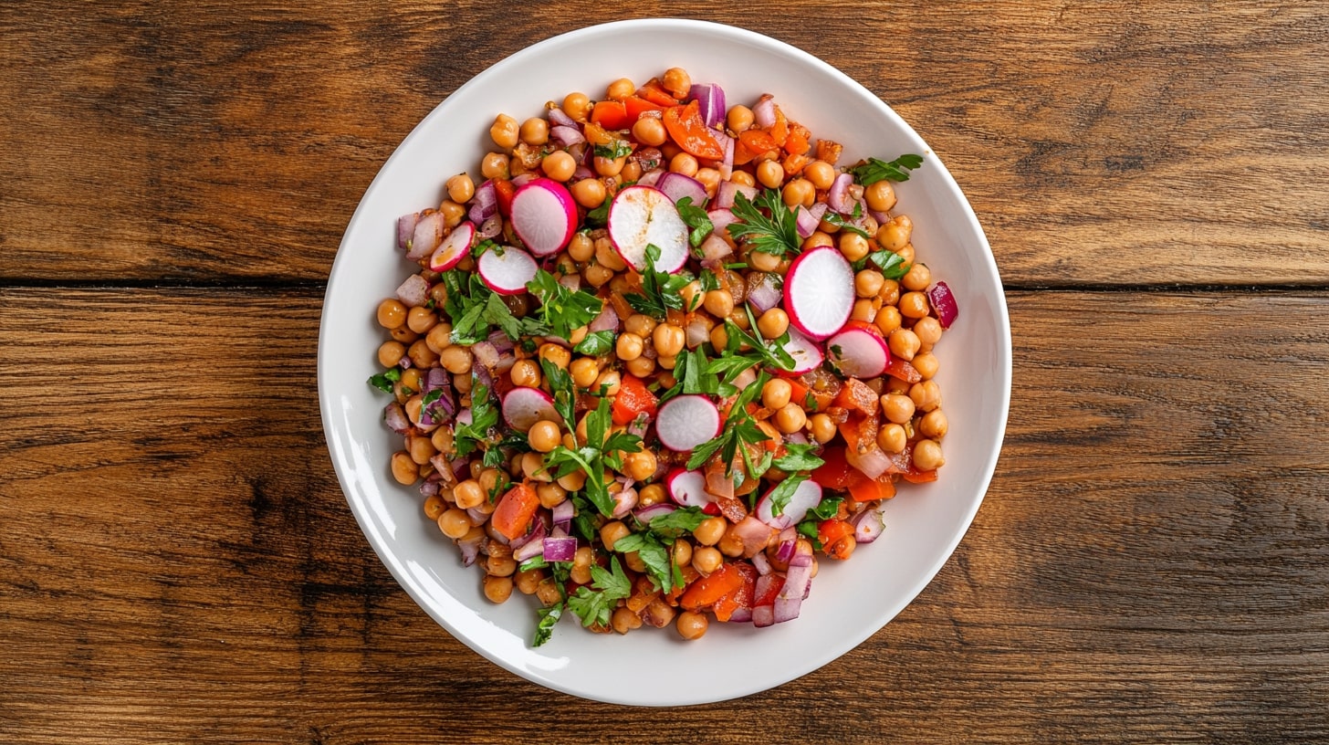 High-Protein Linsensalat mit Kichererbsen, Radieschen und frischer Petersilie in weißer Schale auf Holztisch