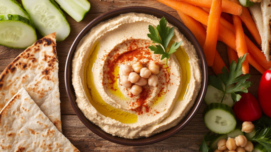 Servierfertiger Hummus mit Olivenöl, Paprika, Petersilie und Kichererbsen in einer Schale, umgeben von Fladenbrot, Karotten, Gurke und Petersilie – ideal als Mezze.