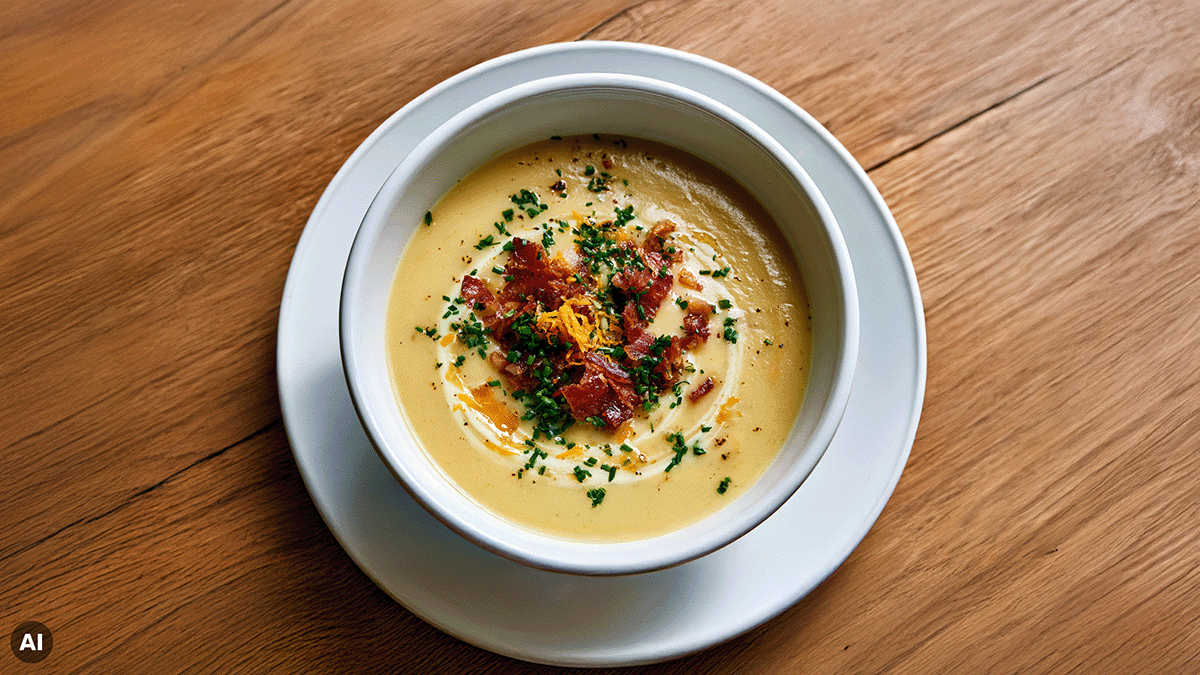 Cremige Suppe in weißer Schale auf Untertasse, garniert mit knusprigem Speck, Schnittlauch und Cheddar, schräg fotografiert auf Holztisch.