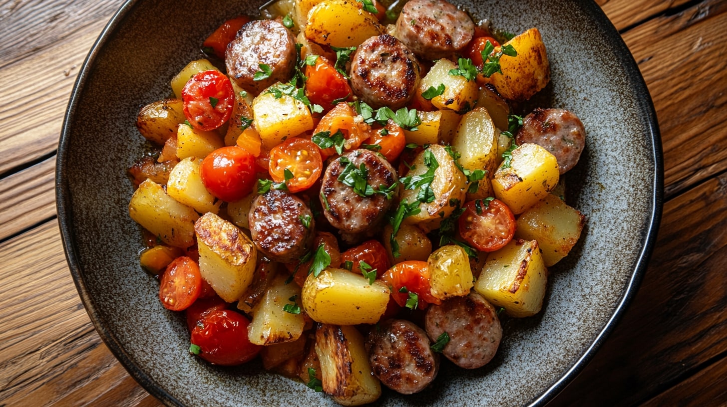 Herzhafte Kartoffel-Bratwurst-Pfanne serviert mit gebratenen Kartoffeln, würziger Bratwurst, bunten Paprikastücken und frischen Cocktailtomaten in einer Schale.
