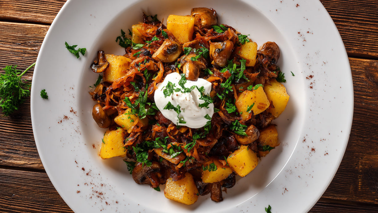 Kartoffelgulasch mit Kartoffeln, Champignons, Sauerkraut und Schmand – deftiges, schnelles und gesundes Rezept in Nahaufnahme serviert.