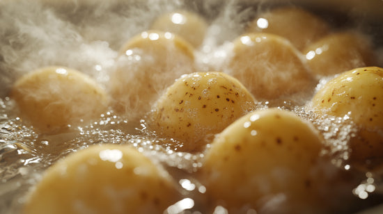 Ein Closeup von kochenden Kartoffeln in einem Topf.