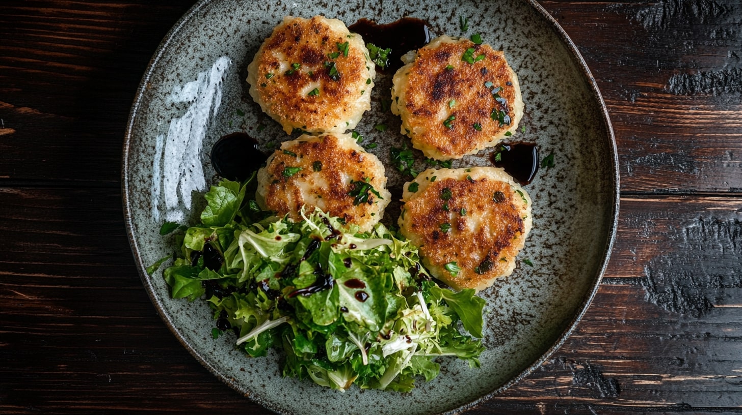 Knusprige Kaspressknödel mit goldbrauner Kruste, serviert mit frischem Feldsalat und Balsamicodressing auf einem rustikalen Teller – ein herzhaftes Alpenküche-Gericht.