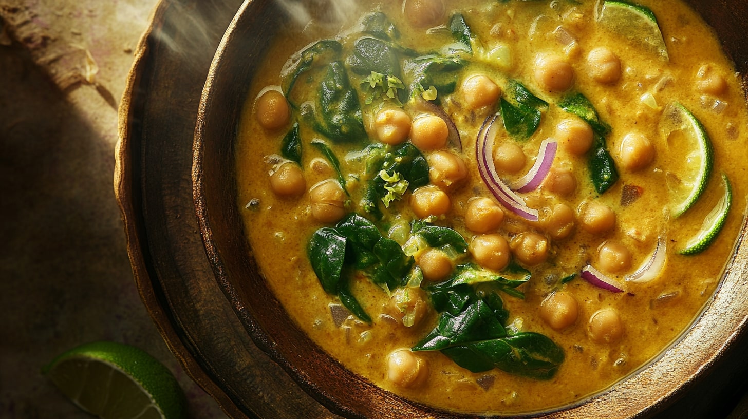 Veganes Kichererbsen Curry mit frischem Spinat, Zwiebeln und cremiger Kokosmilch