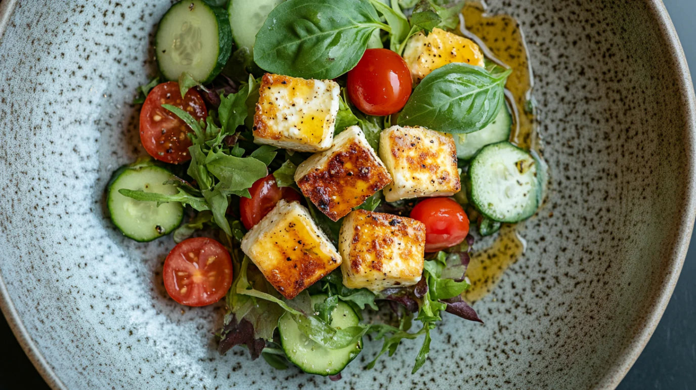 Knusperfeta Salat mit gebratenem Feta, frischen Tomaten und Gurken auf Pflücksalat – ein sommerlich leichter Salat mit mediterranem Dressing, perfekt als Hauptgericht.