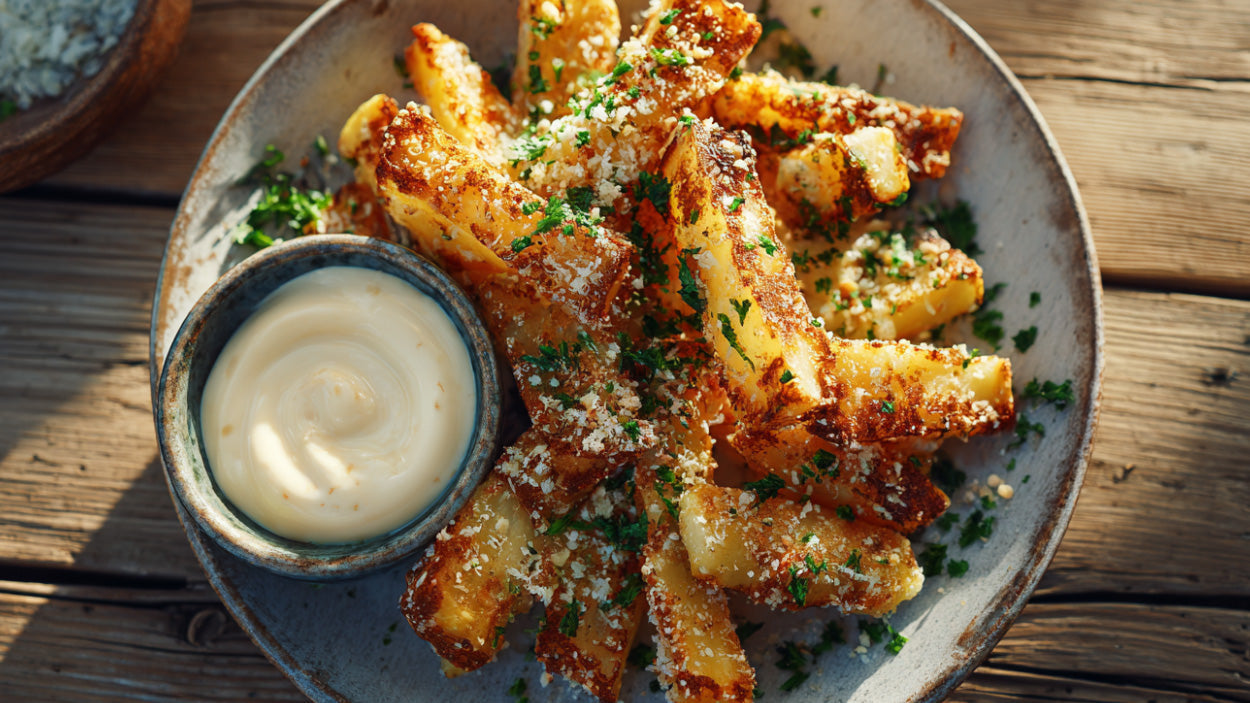 Kohlrabi-Pommes mit cremiger Aioli in Schale – knusprig gebacken, mit frischer Petersilie und Parmesan bestreut, serviert als gesunder Snack.