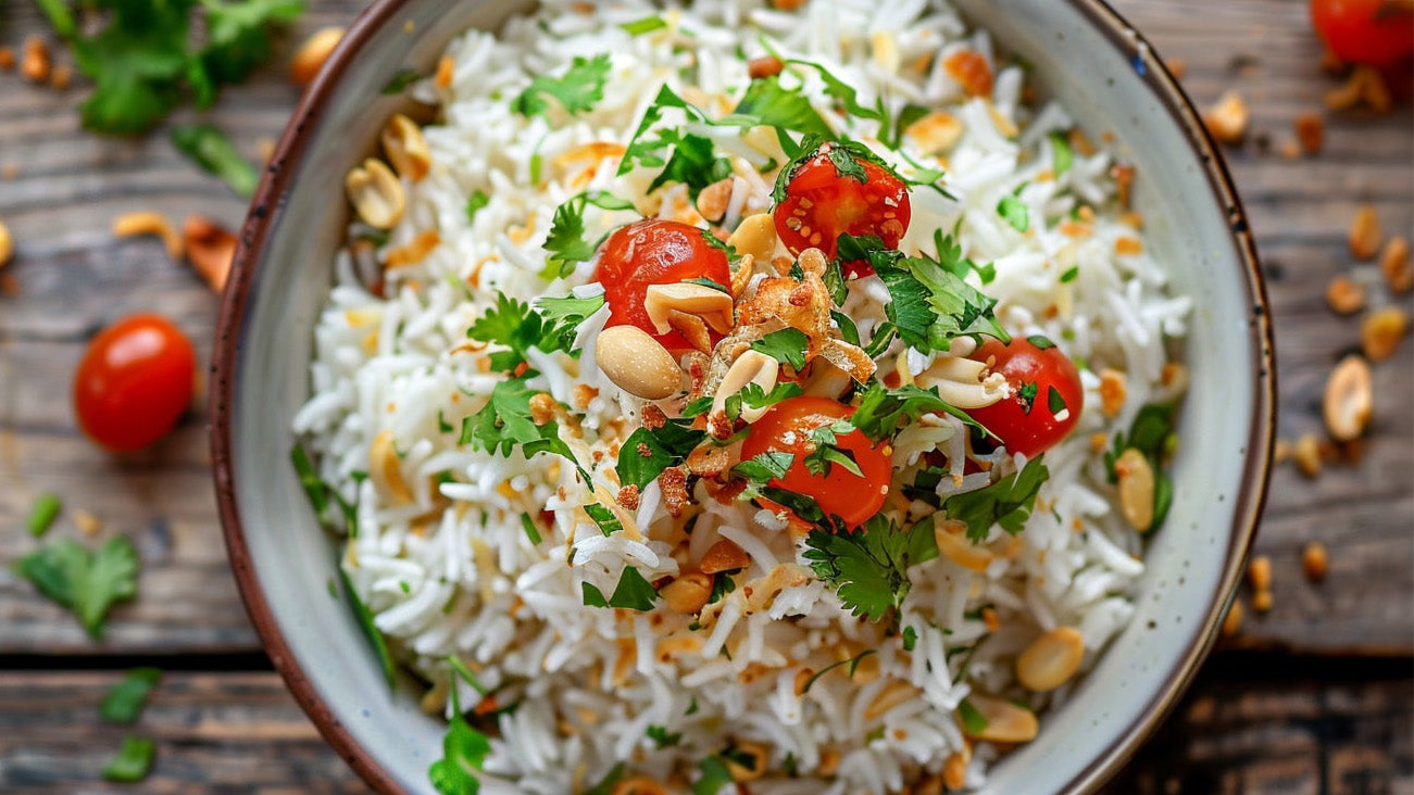 Kokos-Limetten Reis mit Erdnüssen und Kirschtomaten in einer Schüssel, garniert mit frischen Kräutern – sommerliches, veganes Reisgericht mit exotischer Note.