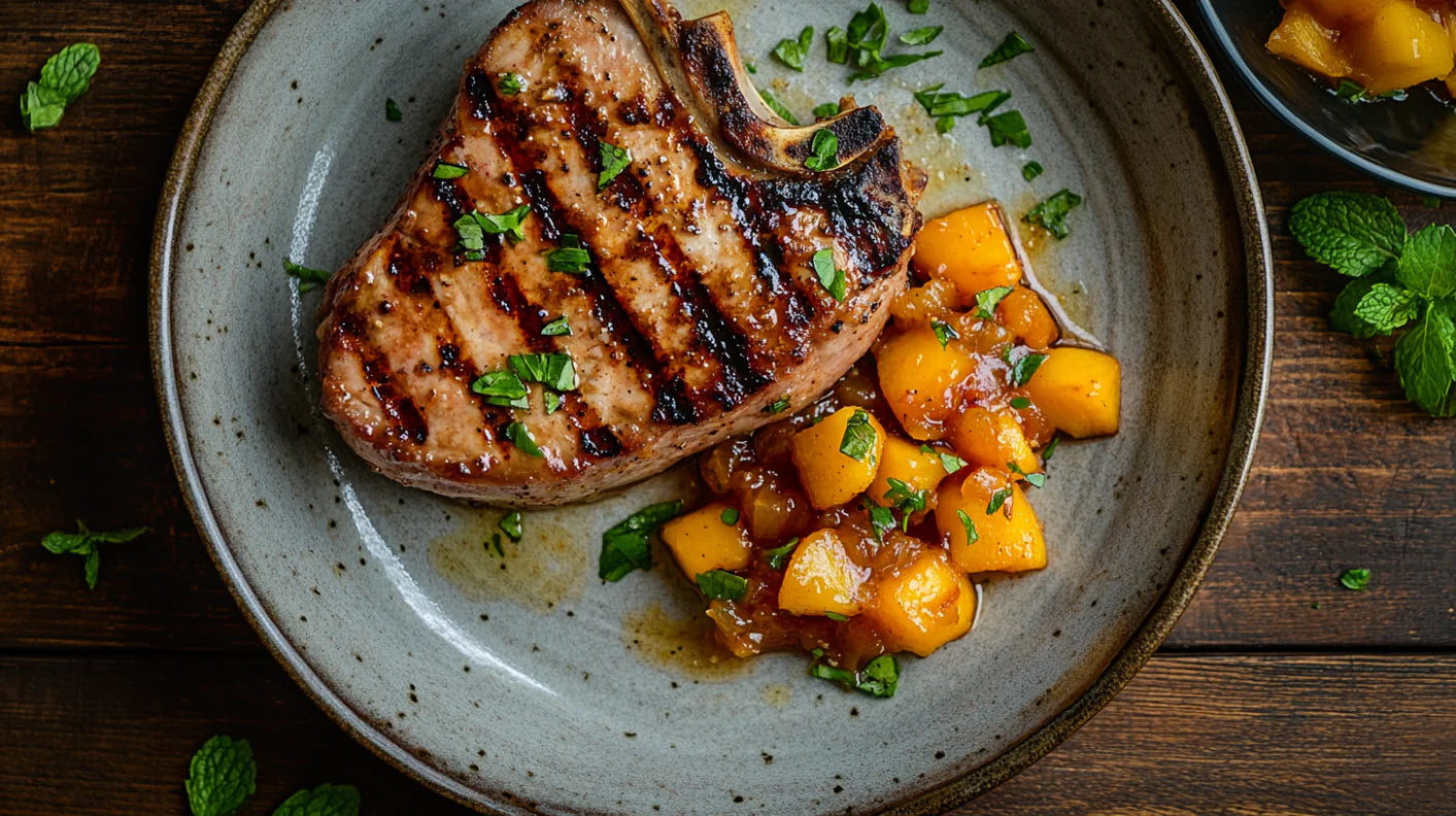 Sommerliches Rezept: Gegrilltes Schweinekotelett mit fruchtigem Pfirsichchutney und Kräuterdekoration