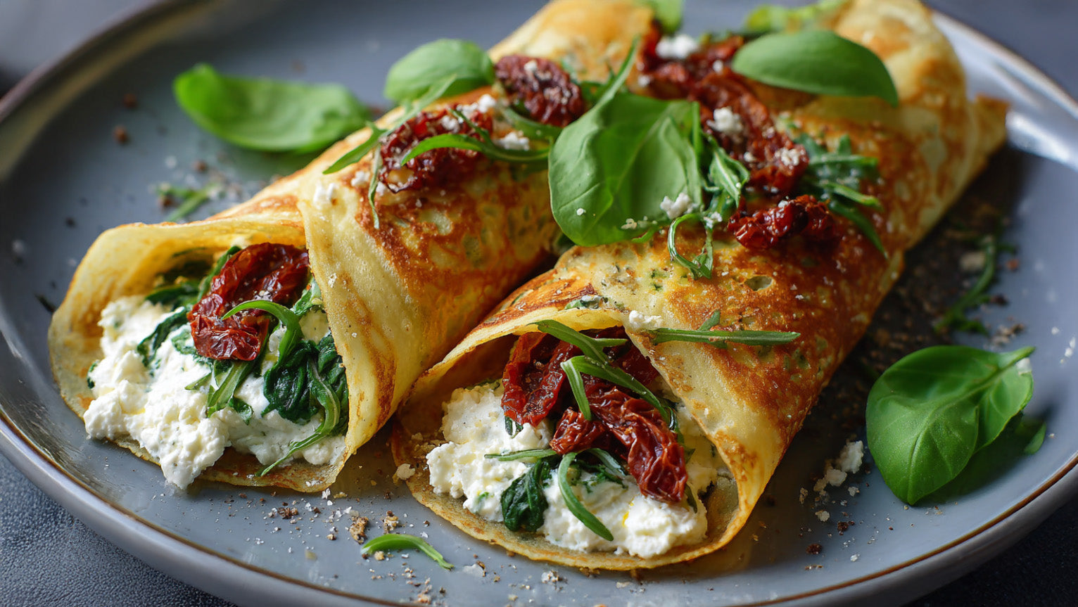 Zwei gefüllte Kräuterpfannkuchen mit Feta-Creme, Spinat und getrockneten Tomaten auf einem grauen Teller.