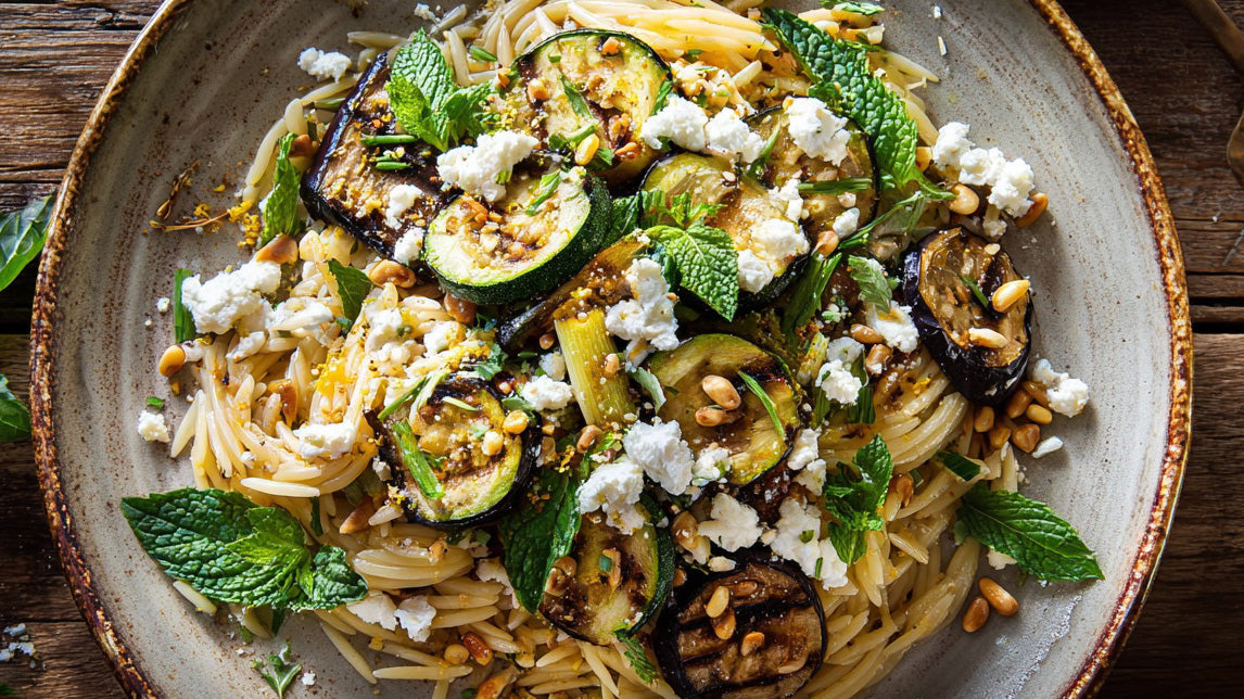 Sommer Kritharaki Pasta mit Orzo, gegrilltem Gemüse, Kräutern und cremigem Feta – leichtes mediterranes Rezept für warme Tage.