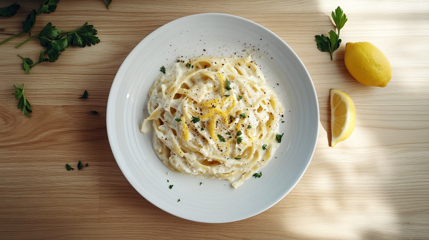 Lemon Pasta mit cremiger Zitronen-Sahne-Sauce und Pecorino auf weißem Teller