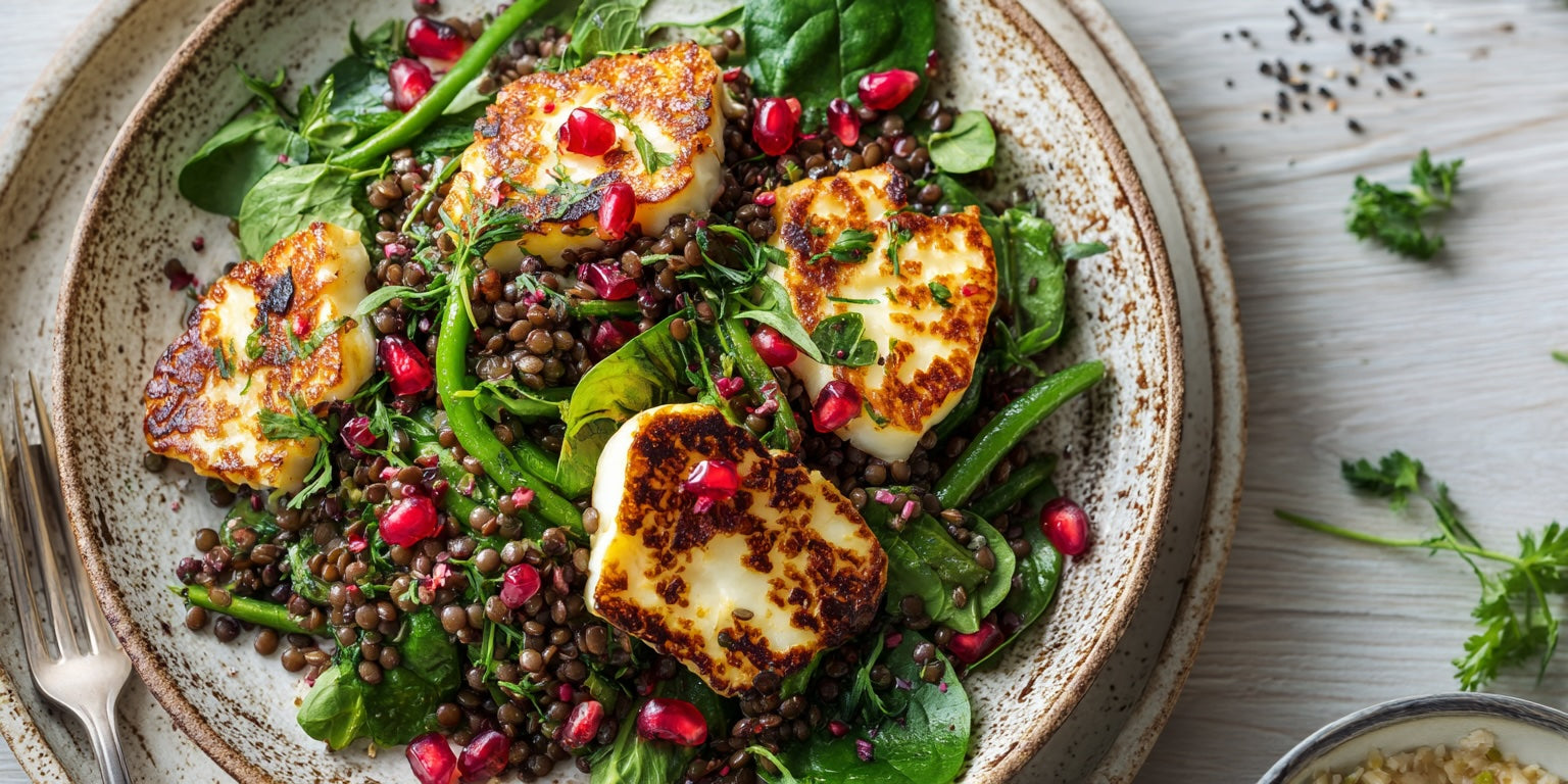 Linsen-Bohnen Salat mit Halloumi auf Teller angerichtet, verfeinert mit Granatapfelkernen, Babyspinat und Kräutern – orientalisch, würzig und proteinreich.