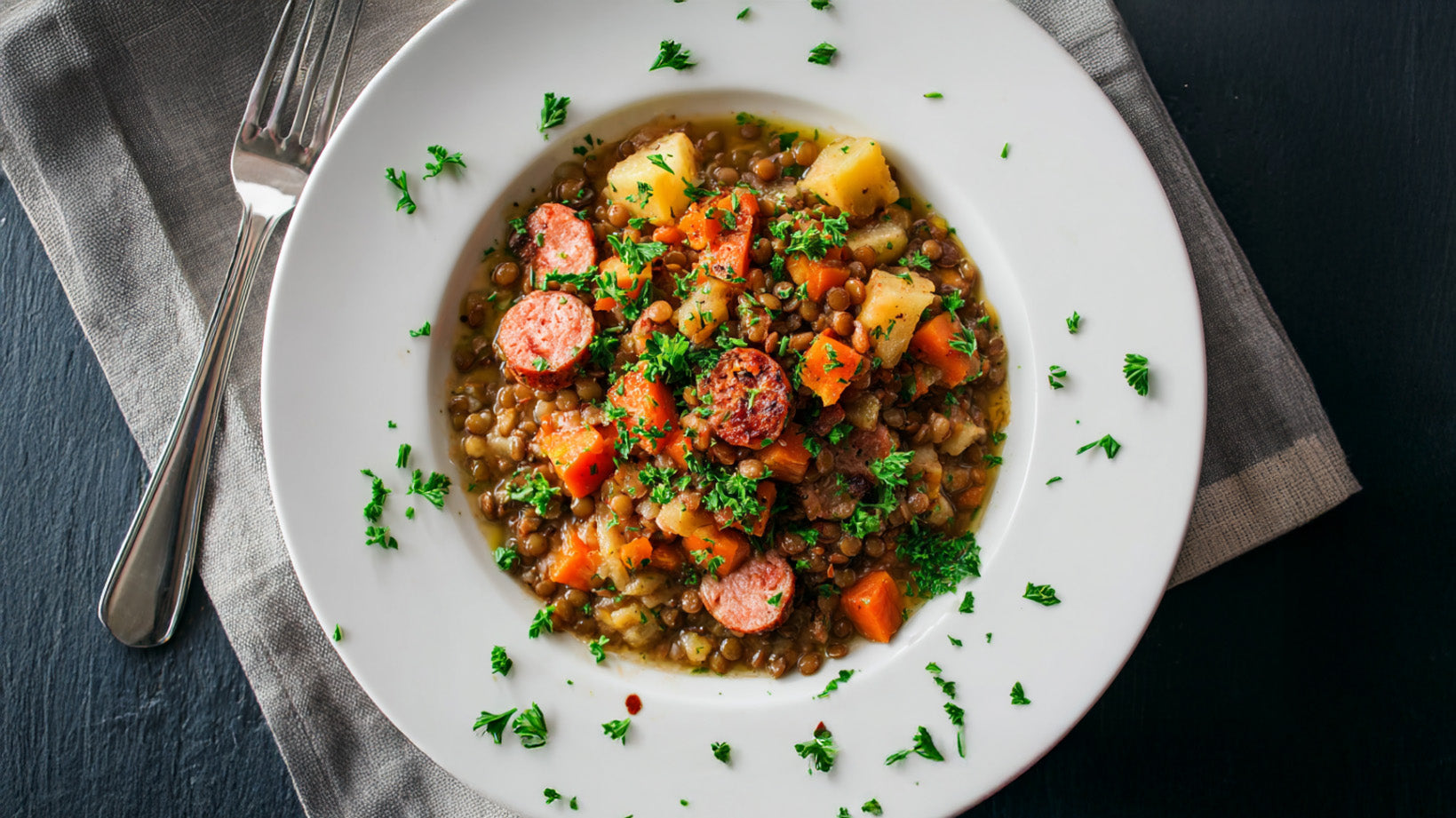 Linsentopf wie von Oma mit Berglinsen, Karotten, Kartoffeln und Würstchenscheiben, serviert auf einem weißen Teller und mit frischer Petersilie bestreut