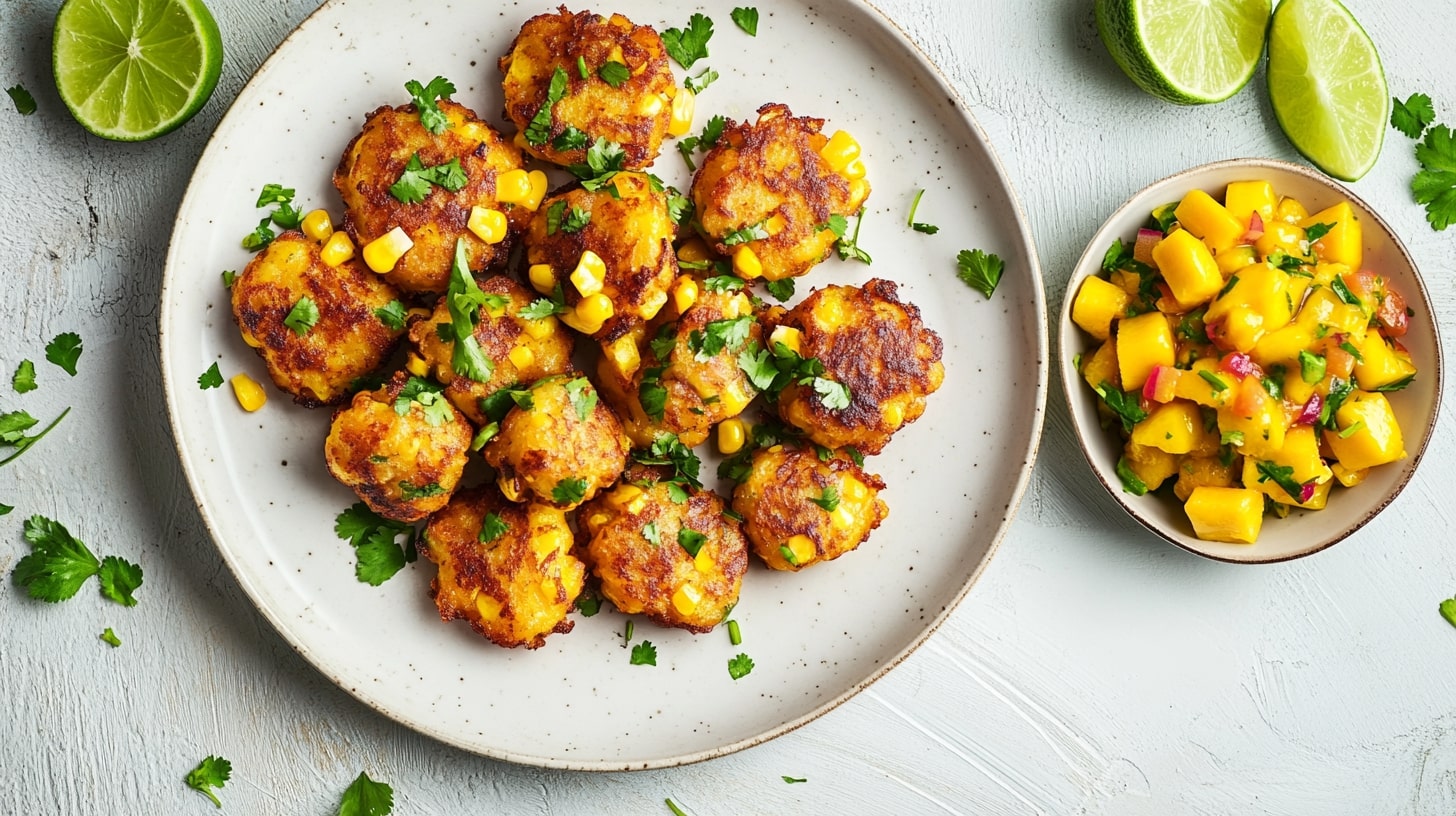 Mais Fritters mit Mango-Salsa auf Teller serviert – knusprig gebraten mit frischer Koriander-Garnitur