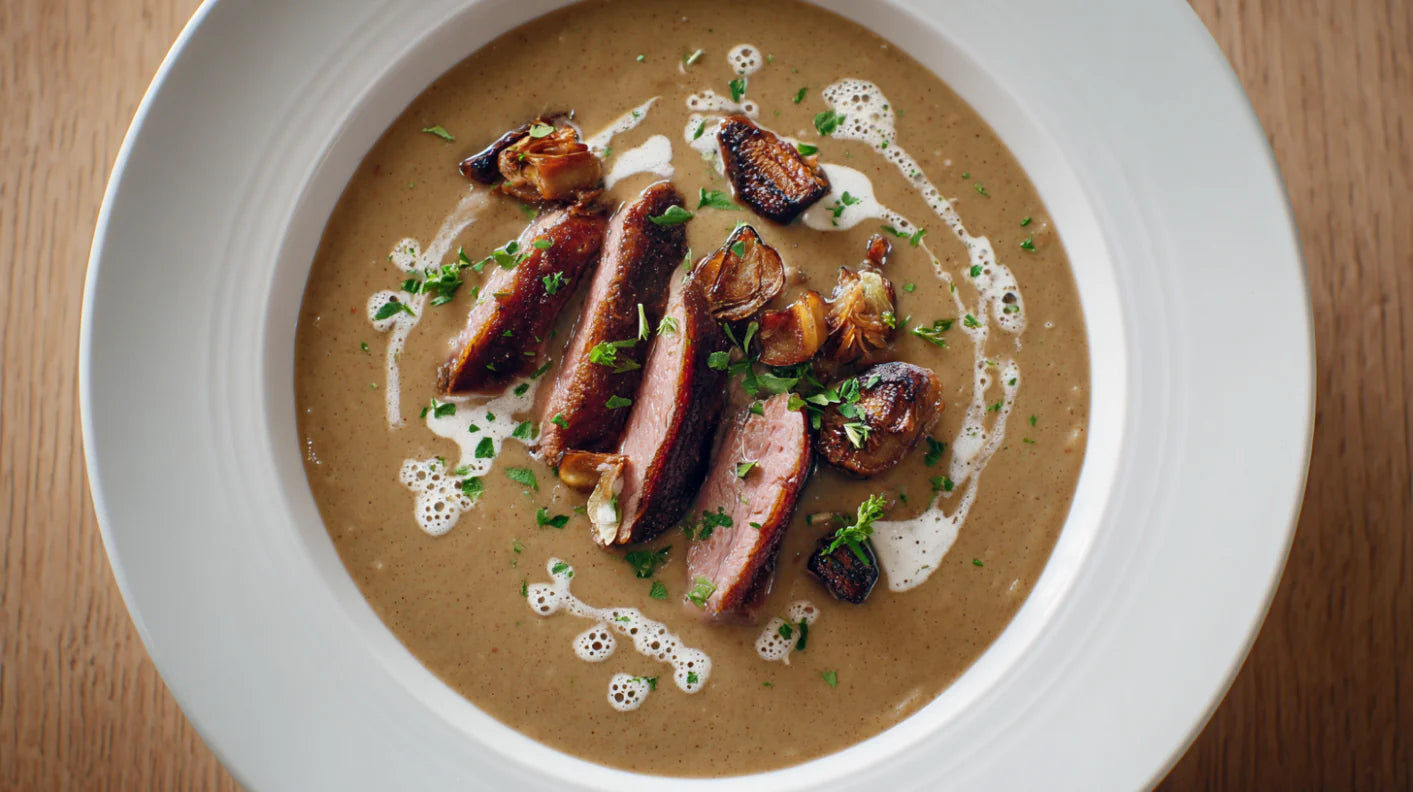 Maronensuppe mit Entenbrust – cremige Suppe mit knusprigem Entenfleisch und karamellisierten Maronen, serviert im tiefen Teller