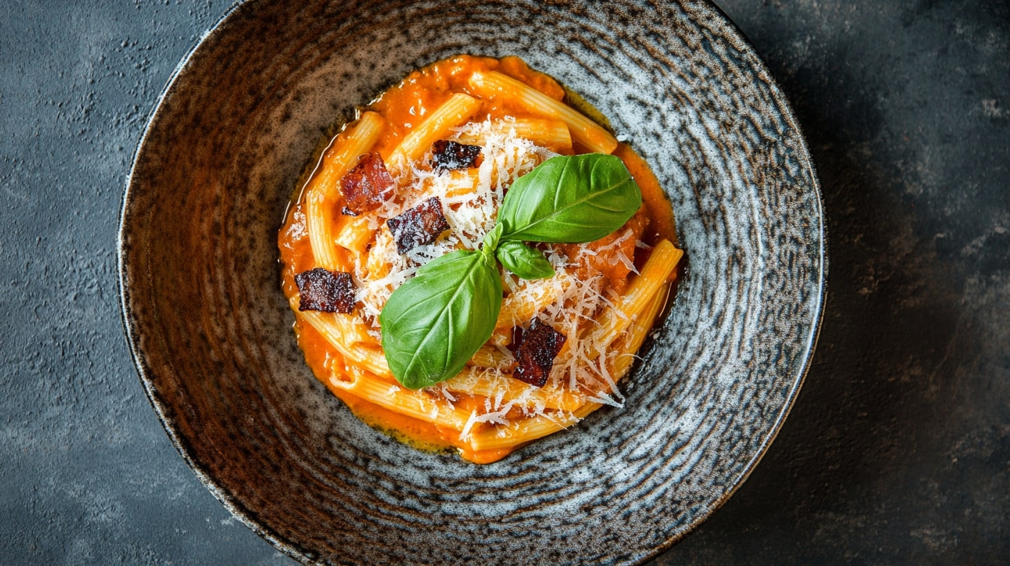 Mascarpone-Pancetta Pasta – Penne in cremiger Mascarpone-Tomatensauce mit knusprigem Pancetta, frischem Basilikum und geriebenem Parmesan, serviert in einer rustikalen Keramikschale.