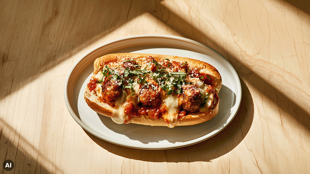 Meatball Sandwich von oben auf einem ovalen weißen Teller, gefüllt mit drei Fleischbällchen in Tomatensauce, geschmolzenem Käse, frischen Basilikumstreifen und geriebenem Parmesan, auf einem hellen Holztisch mit Sonnenlicht und Schatten.