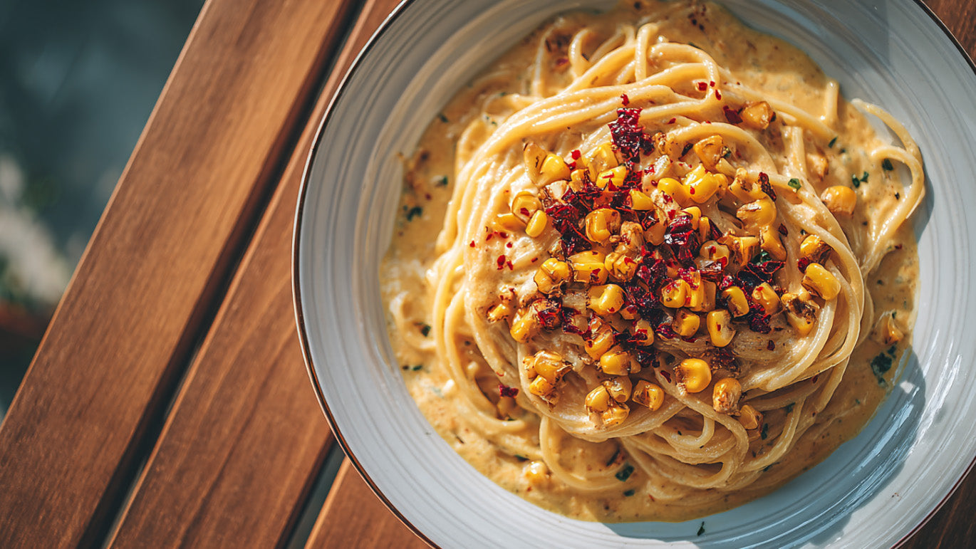 Draufsicht auf eine helle Schüssel mit cremiger Miso-Mais-Pasta, garniert mit gerösteten Maiskörnern und Chiliflocken, serviert auf einem Holztisch.