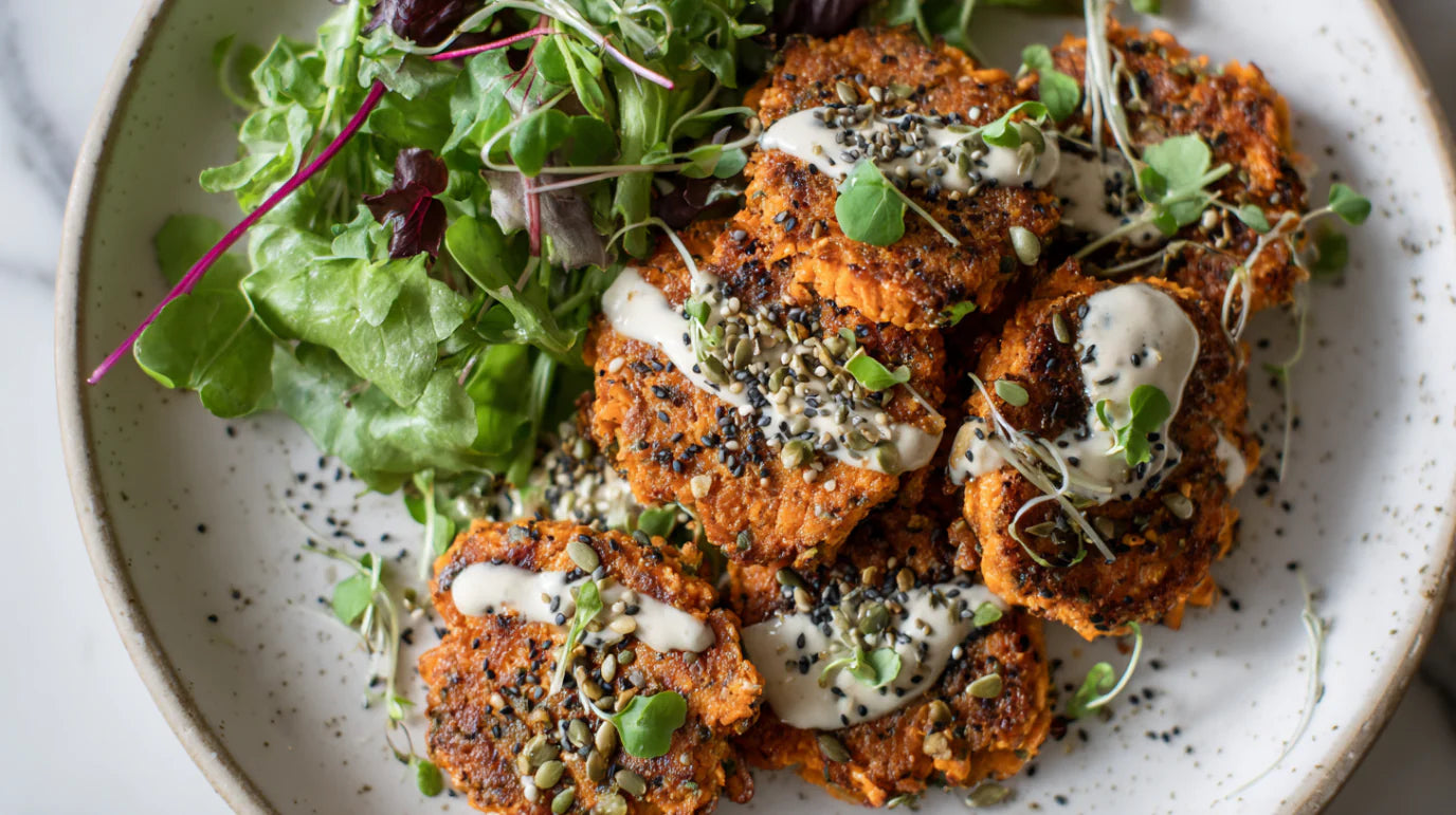 Möhrenbratlinge mit Tahini-Soße und Salat – veganes, gesundes Rezept mit Hanfsamen und frischer Kresse, knusprig gebraten und cremig serviert.