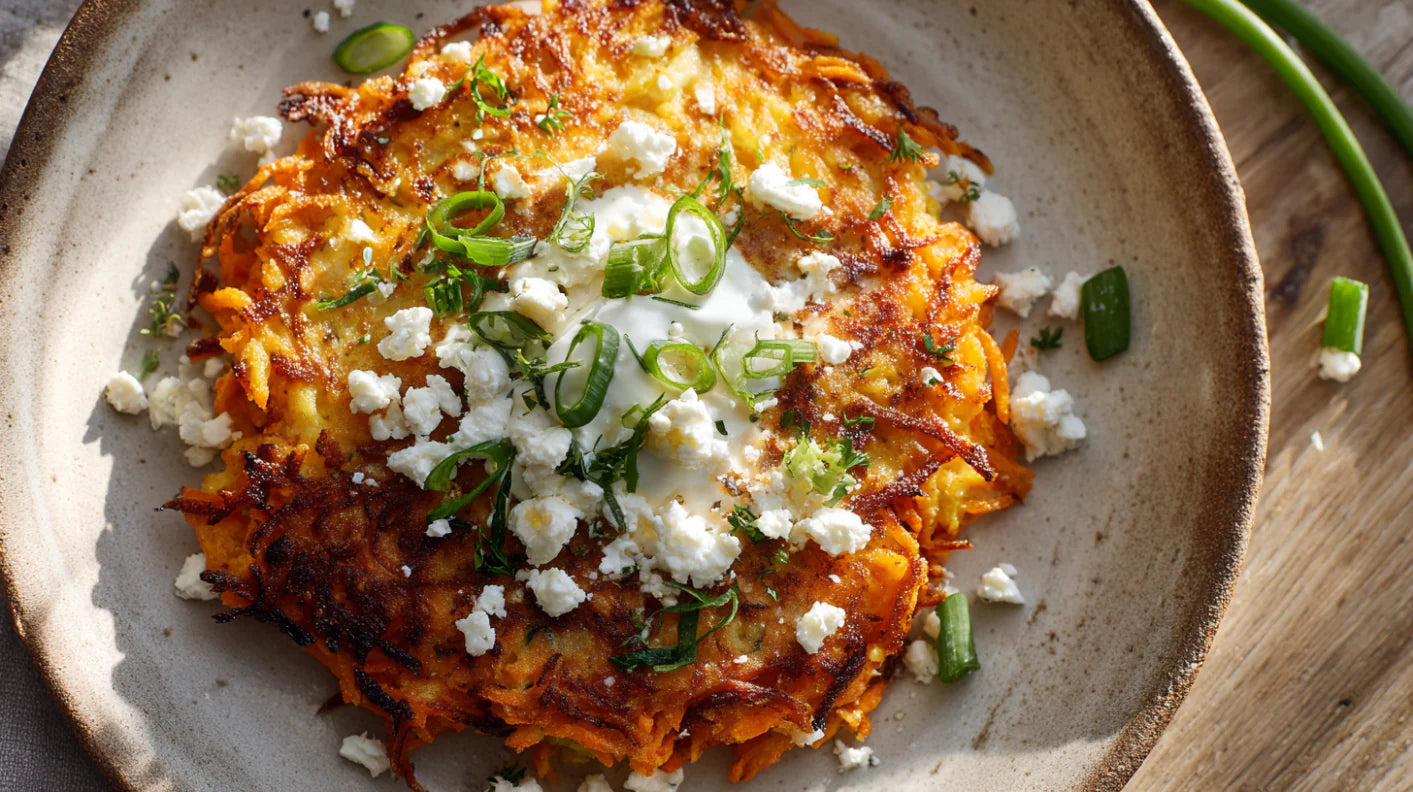 Möhren-Kartoffel-Rösti mit Feta und Frühlingszwiebeln – knusprig gebraten, mit cremiger saurer Sahne und frischen Kräutern als sommerliches, vegetarisches Hauptgericht.