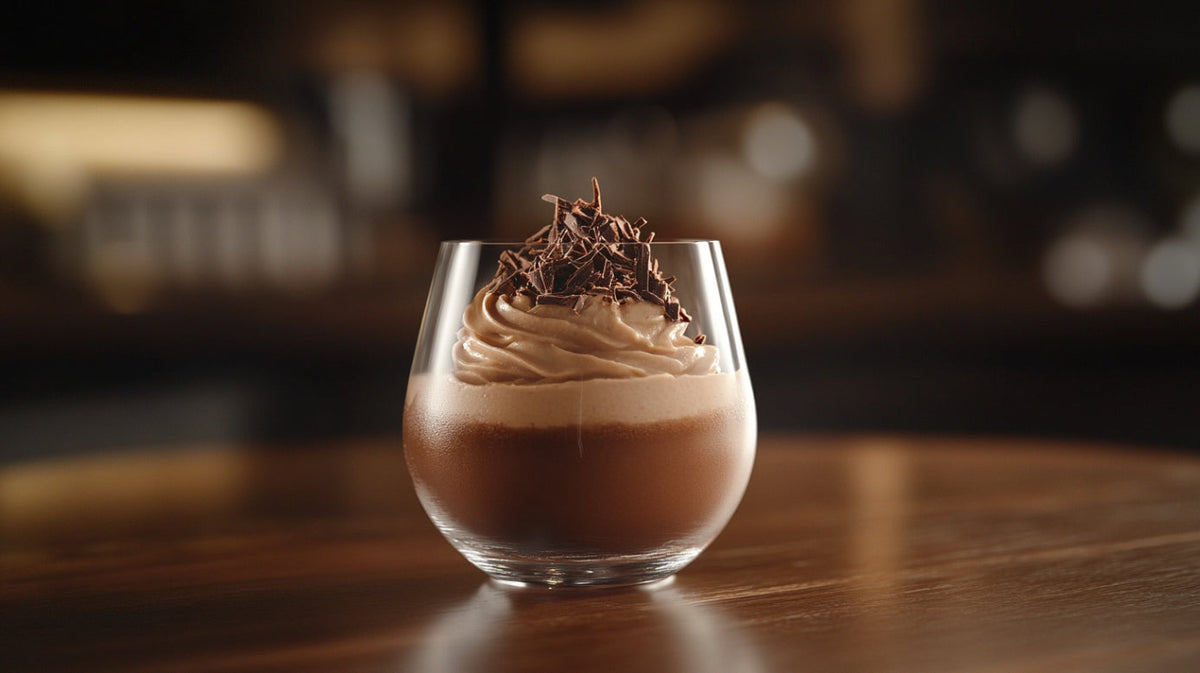 Fluffiger Schokoladenpudding in einem eleganten Glas, garniert mit zarten Schokoladenraspeln, serviert auf einem Holztisch in warmer, gemütlicher Atmosphäre.