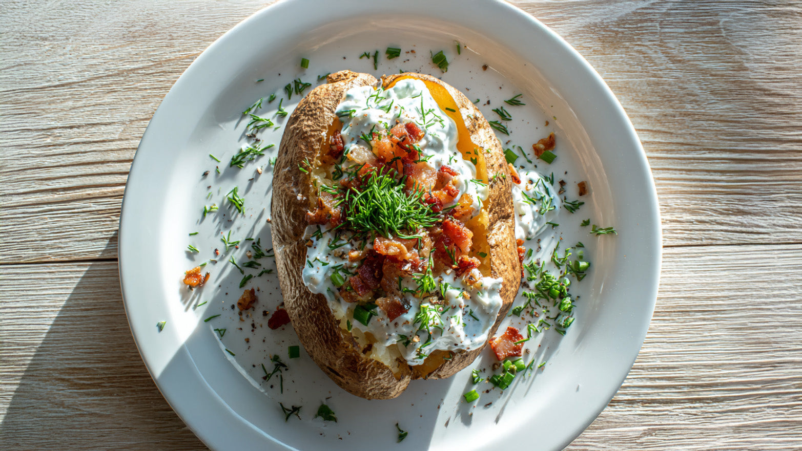 Ofenkartoffel mit Speck-Sourcreme – knusprige Kartoffel mit cremiger Sauce, Speckwürfeln und frischen Kräutern auf weißem Teller