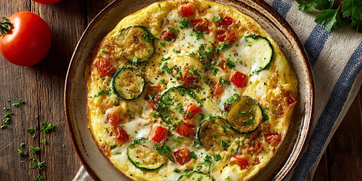 Sommer-Omelette mit Tomaten und Zucchini auf Teller serviert – mediterranes Gericht mit frischen Kräutern, Mozzarella und fluffiger Eimasse, angerichtet auf rustikalem Holztisch.