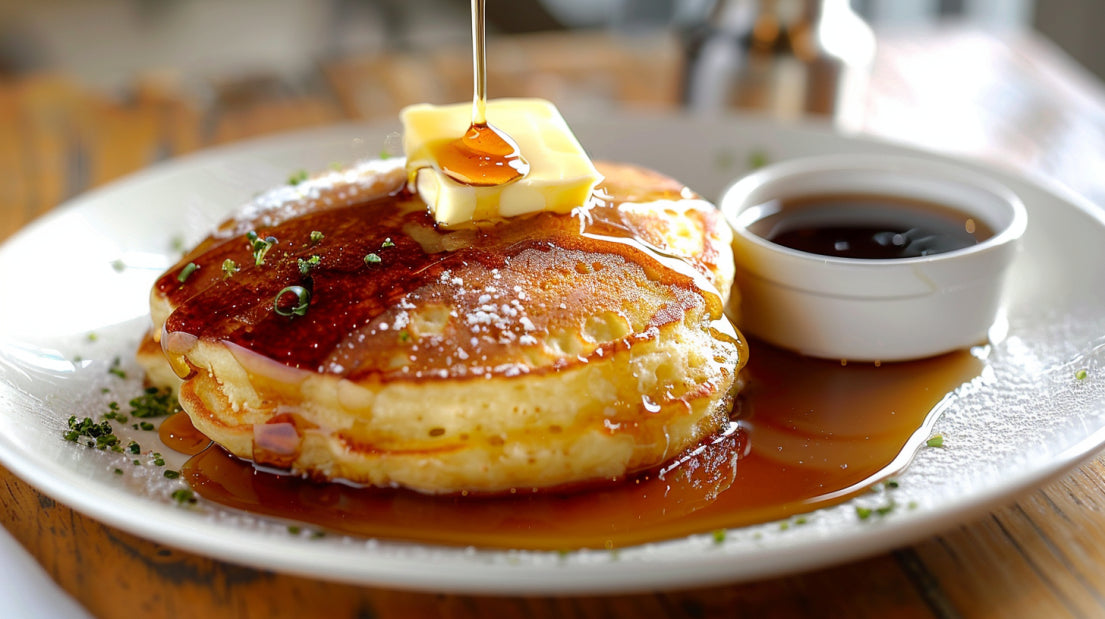 Fluffige vegane Pancakes mit Sirup und Butterstück, serviert auf weißem Teller.