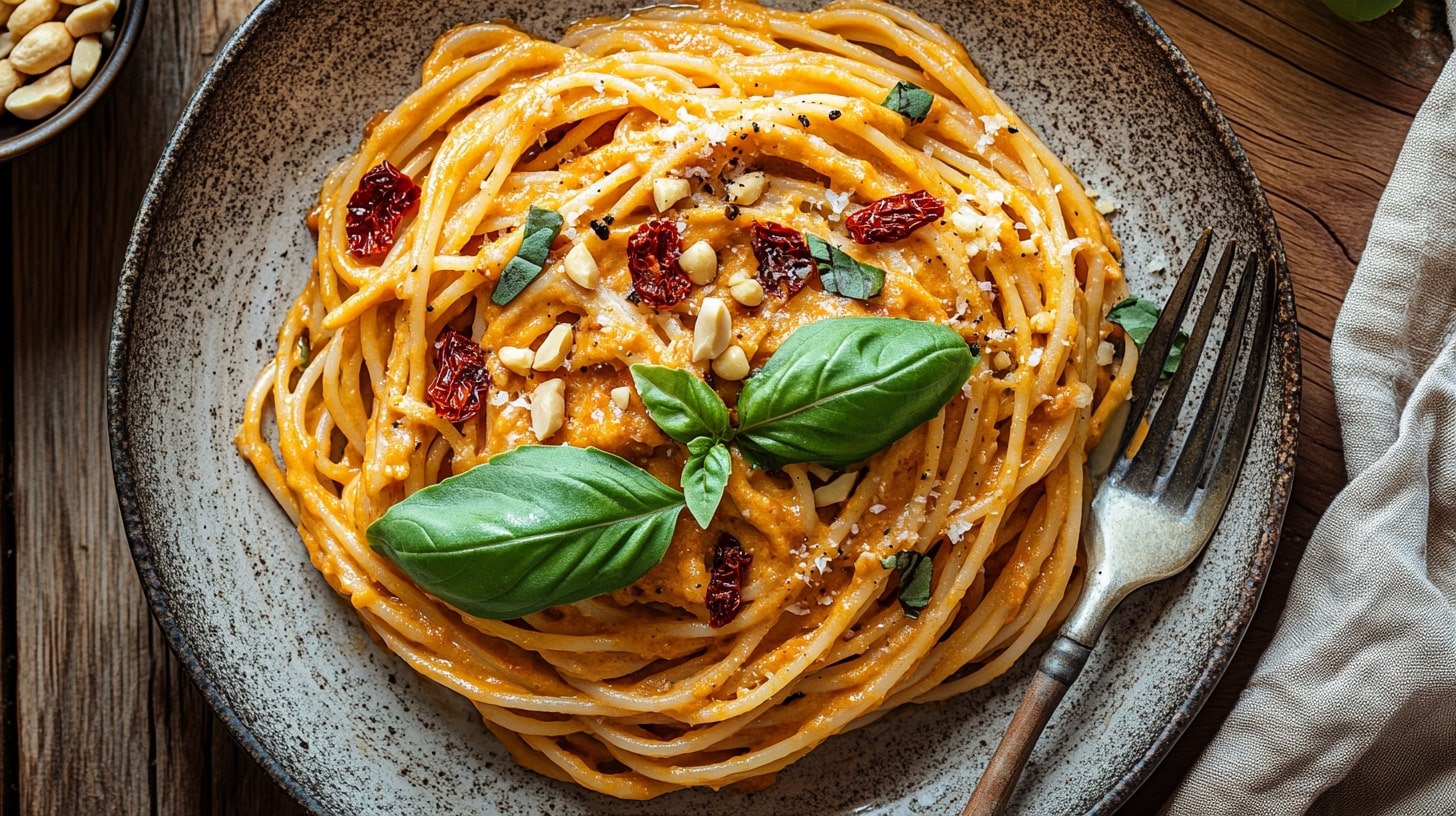 Paprika-Erdnuss Pasta mit cremiger Sauce, getrockneten Tomaten, gehackten Erdnüssen und frischem Basilikum, serviert auf einem rustikalen Teller mit Gabel