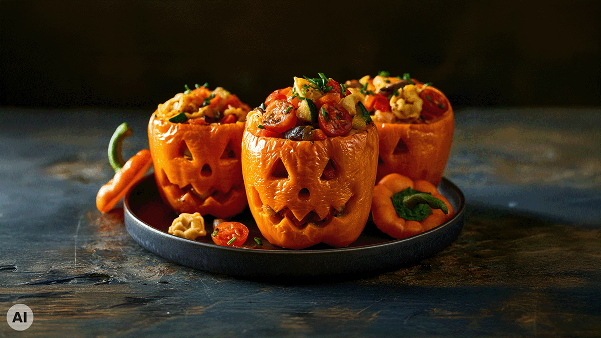 Gefüllte Paprika-Fratzen zu Halloween: Drei orange Paprika mit geschnitzten Kürbisgesichtern und Tortelloni-Salat auf dunklem Teller