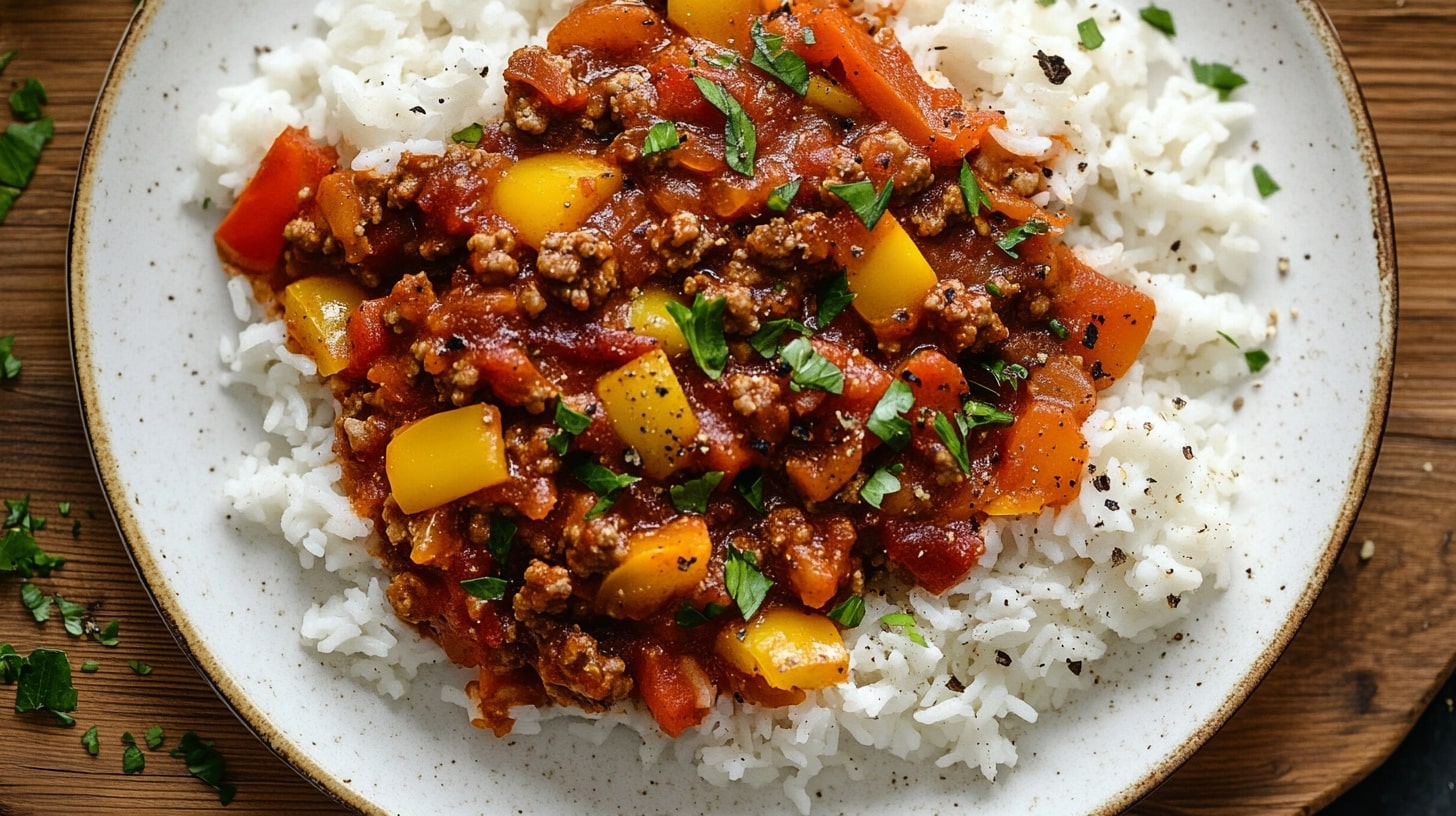 Paprika-Hack-Pfanne mit Reis – herzhaftes Gericht aus Hackfleisch, bunter Paprika und Tomatensoße, serviert auf weißem Reis und garniert mit frischer Petersilie.