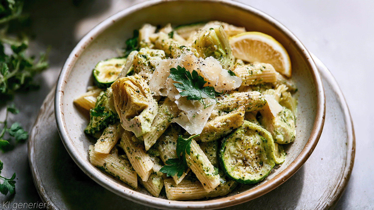 Sommer-Pasta mit Artischocken, Zucchini und Parmesan in einer Schüssel, angerichtet mit frischer Petersilie und einer Zitronenspalte