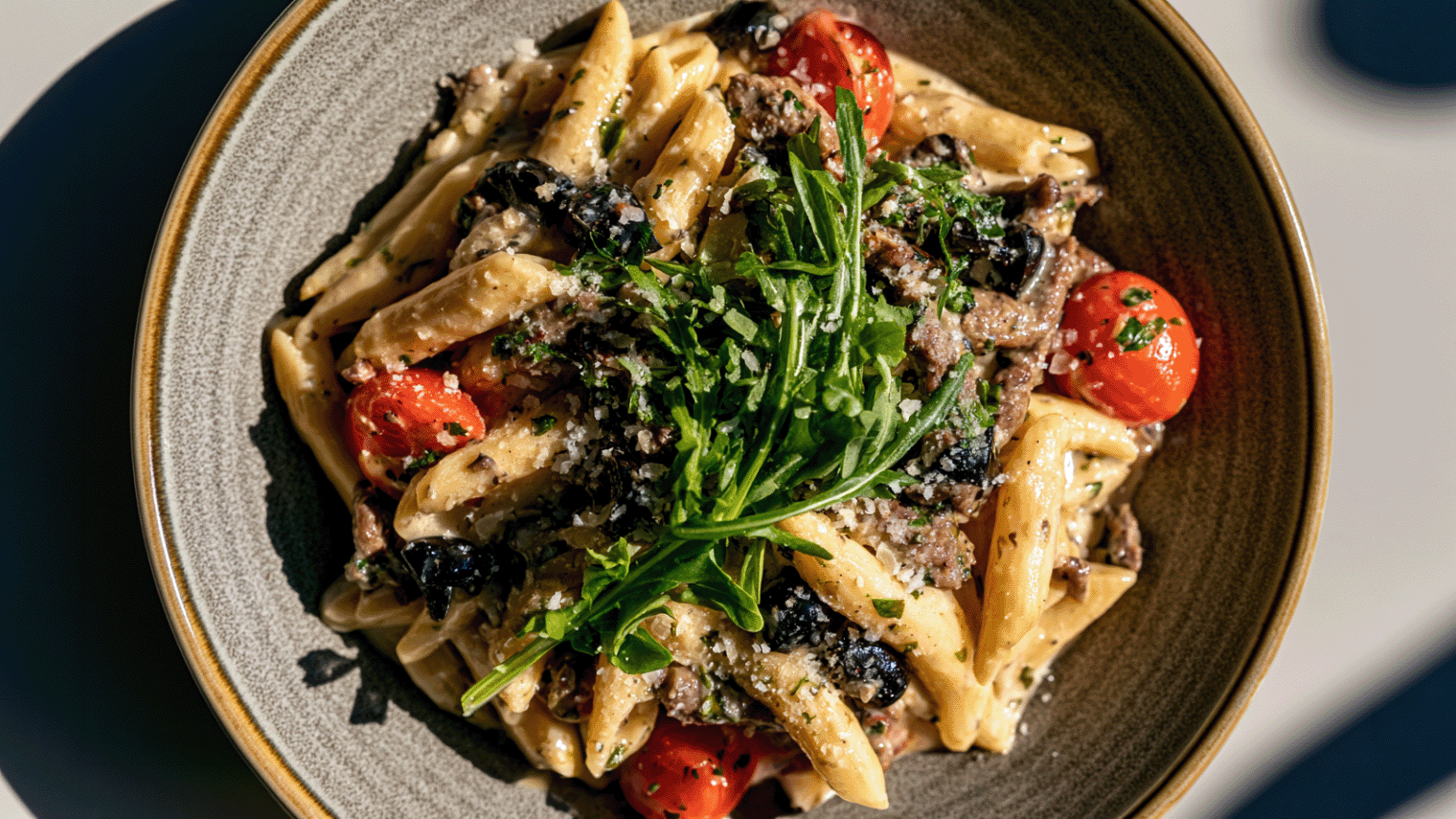 Cremige Pasta mit Rinderfilet, Oliven, Tomaten und Rucola in Schüssel von oben