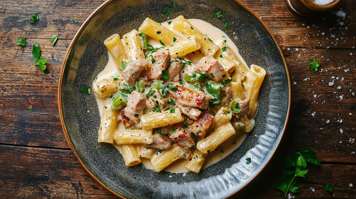 Pasta mit Filetstreifen in cremiger Paprika-Thymian-Soße, serviert auf einem Teller mit Petersilie garniert – herzhaftes Soulfood-Rezept von oben fotografiert.