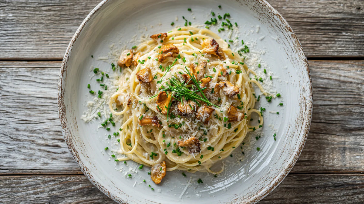Pasta mit Pfifferlingen in cremiger Sahnesauce, garniert mit frischem Schnittlauch und Parmesan auf rustikalem Teller