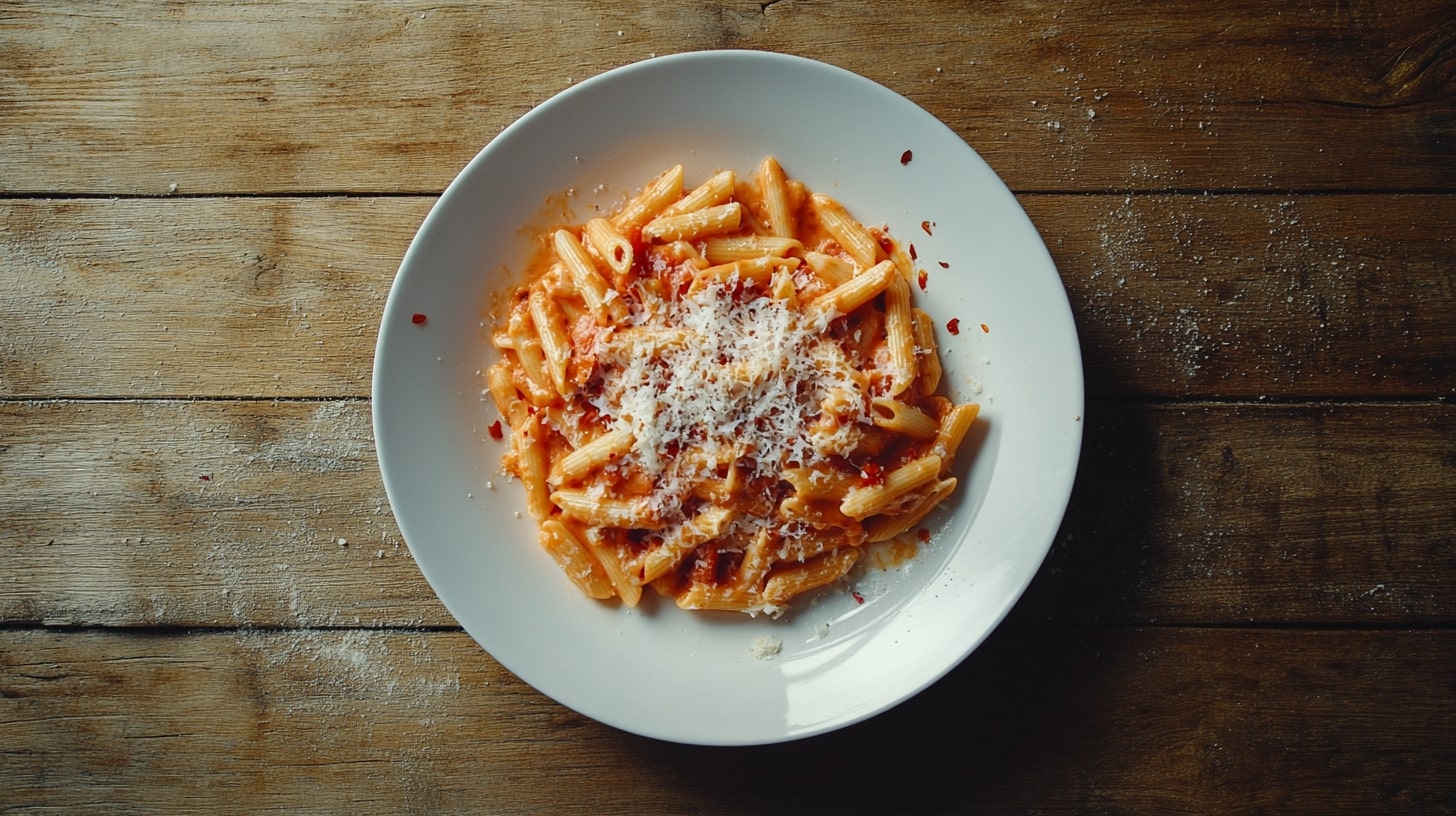 Pasta alla Vodka mit cremiger Tomaten-Sahne-Sauce und geriebenem Pecorino auf einem weißen Teller serviert