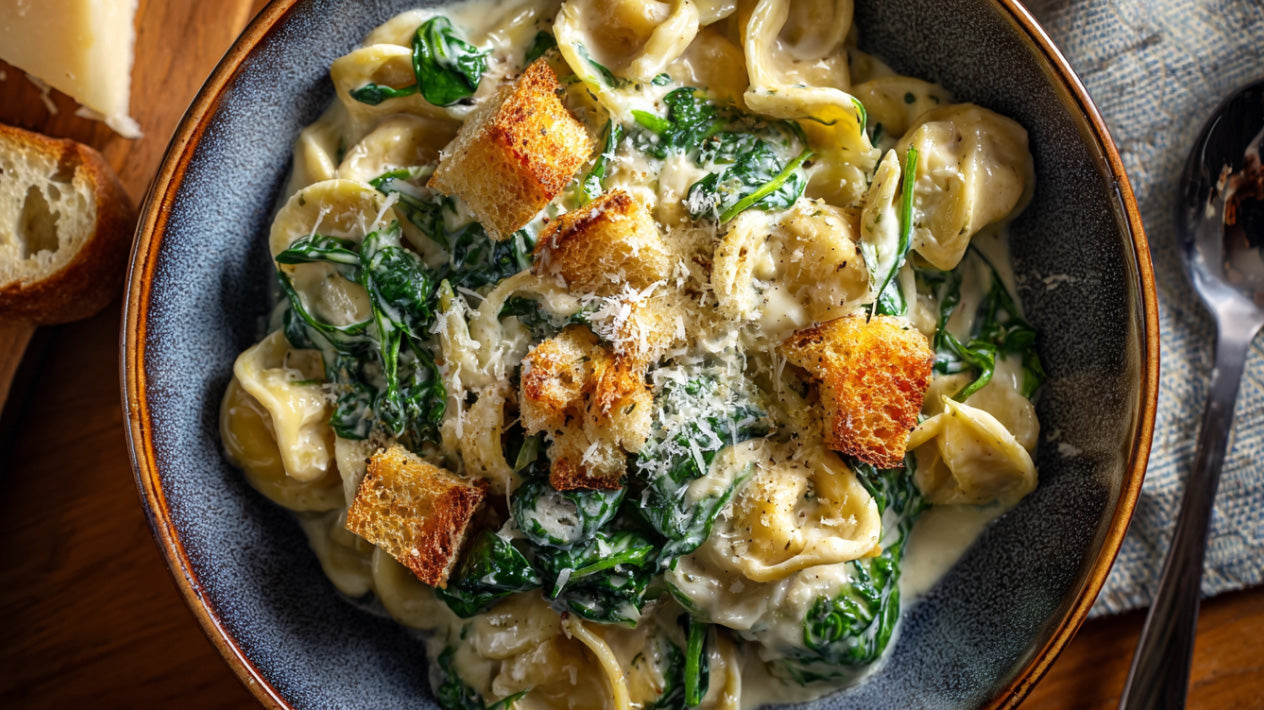 Pasta mit Mangold und Chili-Croutons in cremiger Soße, serviert in einer Schale mit geriebenem Parmesan