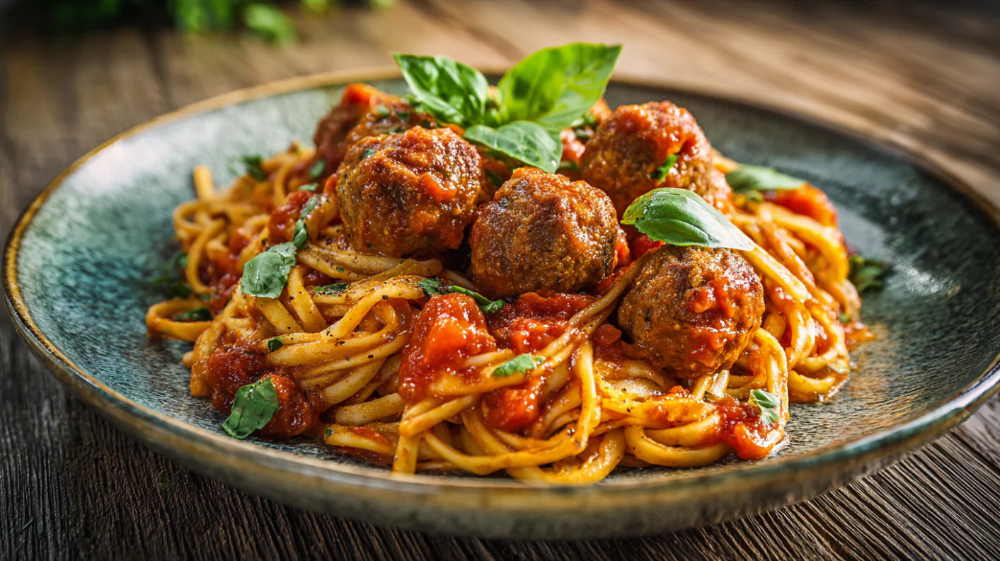 Pasta mit würzigen Hackbällchen in aromatischer Tomatensauce, garniert mit frischem Basilikum auf rustikalem Teller.