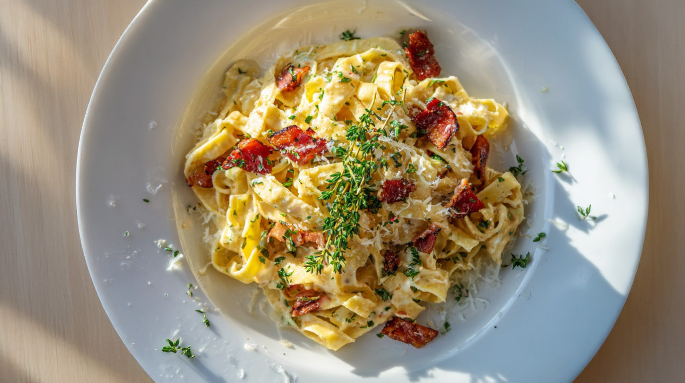 Tagliatelle mit Pastinaken und Pancetta in cremiger Sauce, garniert mit Thymian und Parmesan – aromatisches Pasta-Rezept.