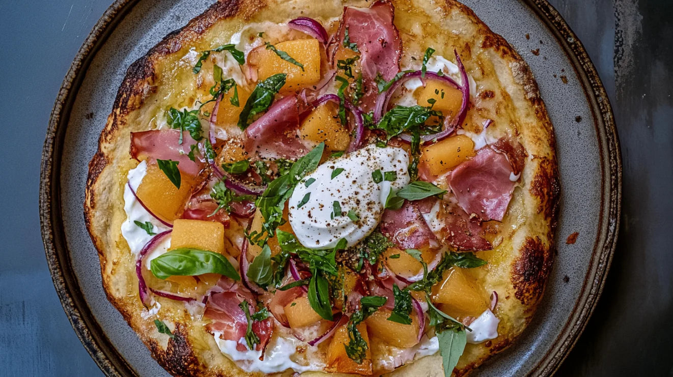 Pfannen-Flammkuchen mit Crème fraîche und Honigmelone – detailreich belegter Flammkuchen mit Serranoschinken, roten Zwiebeln und Basilikum, angerichtet auf rustikalem Teller.