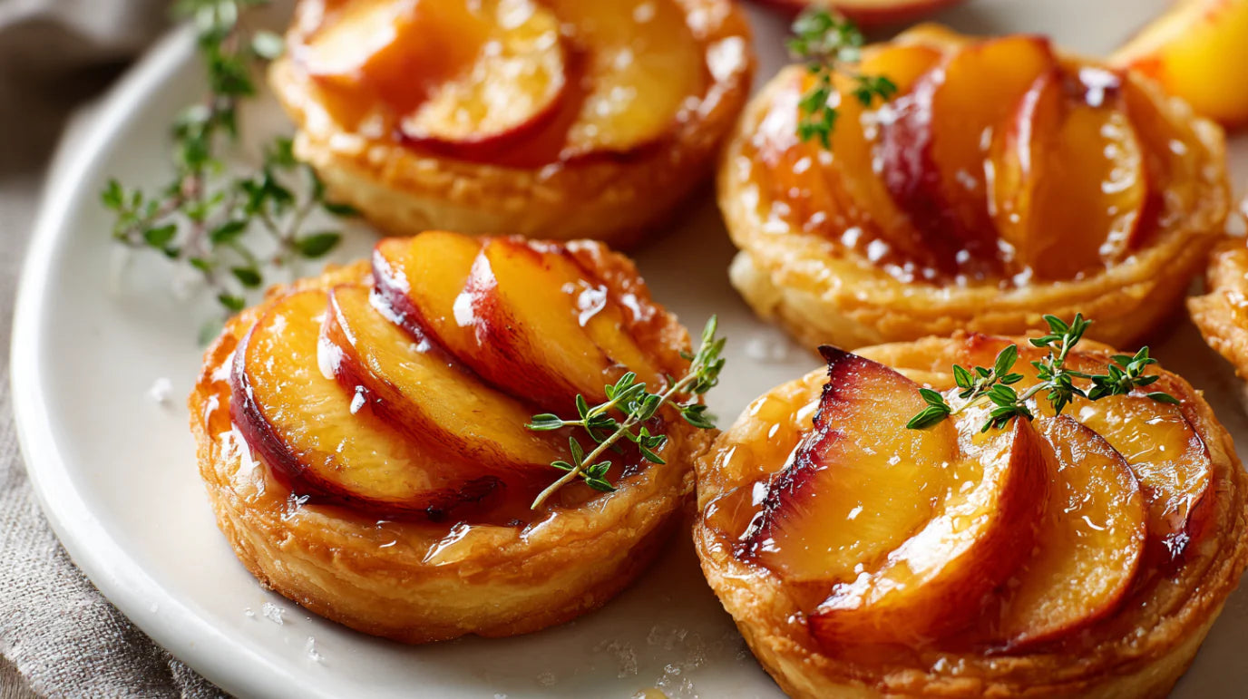 Pfirsich-Tartelettes mit Honig und Thymian auf Blätterteig – karamellisiert, frisch gebacken und golden glänzend angerichtet auf einem hellen Teller.