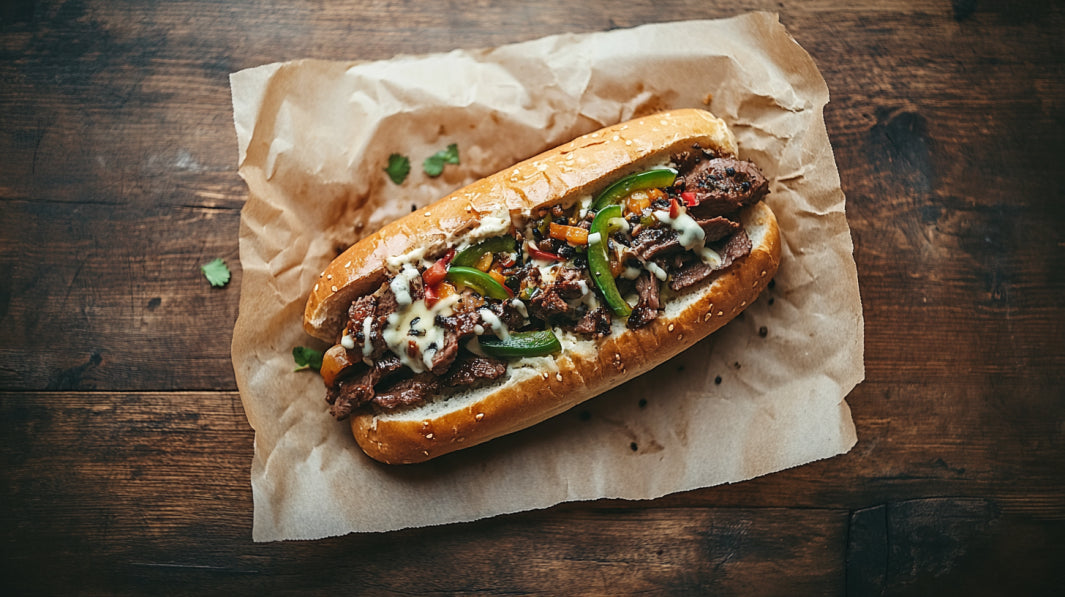 Philly Cheese Steak Sandwich mit saftigem Steak, geschmolzenem Käse, Paprika und Zwiebeln in einem Baguette – angerichtet auf Backpapier, perfekt für FIVI BBQ Rezepte.