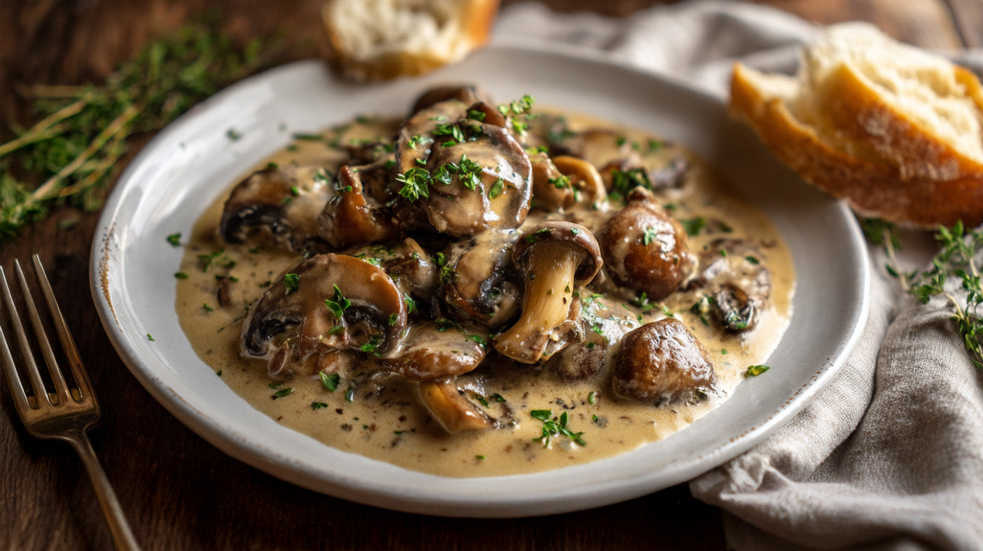 Cremiges Pilzragout mit Champignons und Steinpilzen in sahniger Sauce, serviert auf einem weißen Teller mit frischem Baguette