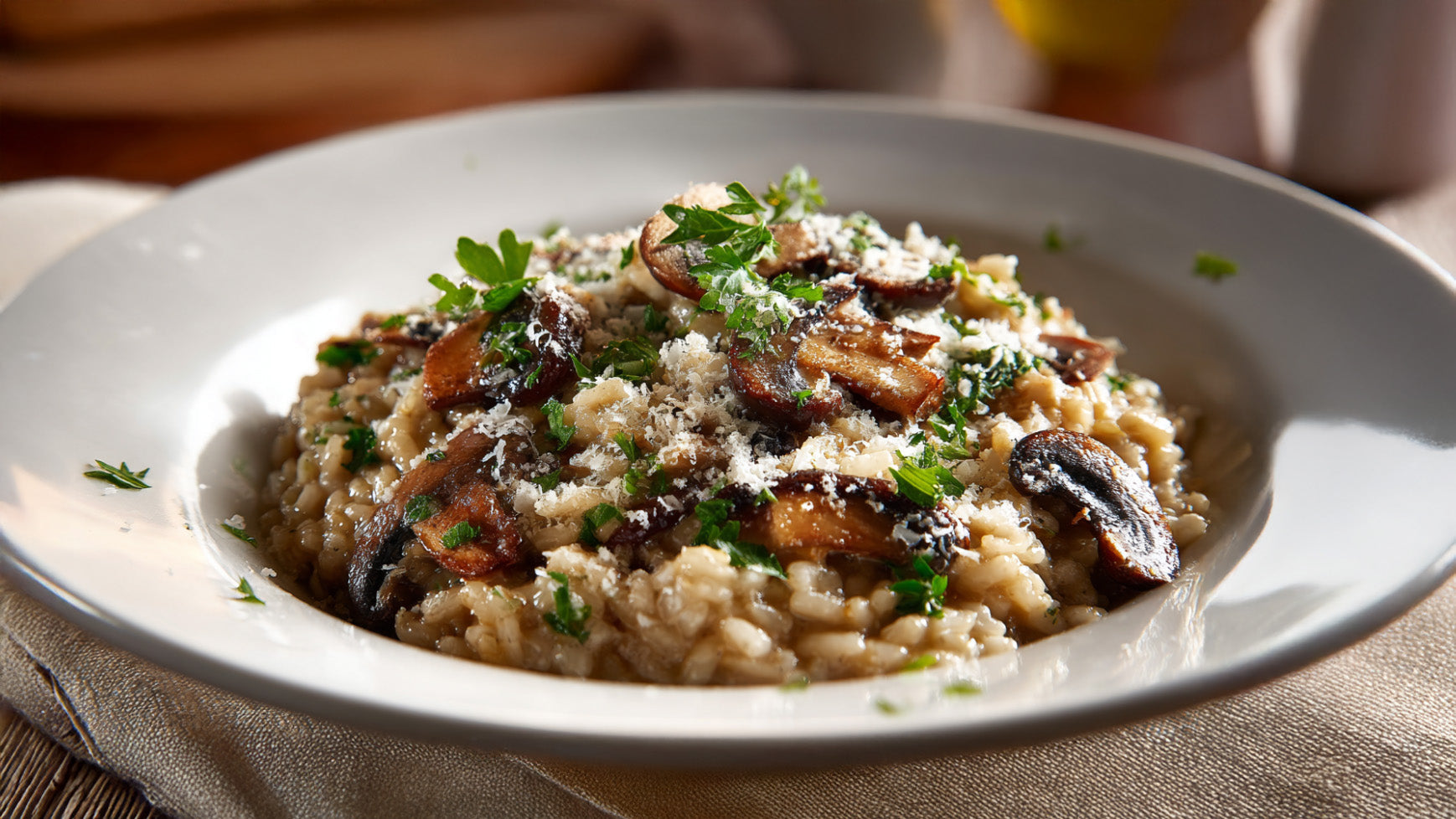 Pilzrisotto Rezept – cremiges Risotto mit Champignons, Steinpilzen und Parmesan, garniert mit Petersilie im Teller serviert