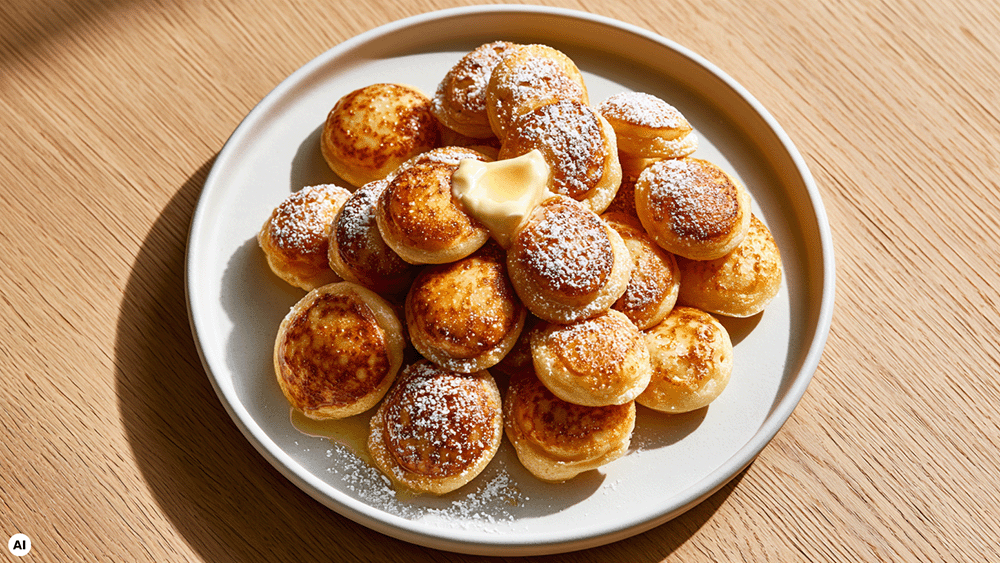 Poffertjes von oben fotografiert auf einem weißen Teller, bestäubt mit Puderzucker und mit einem schmelzenden Stück Butter auf einem hellen Holztisch