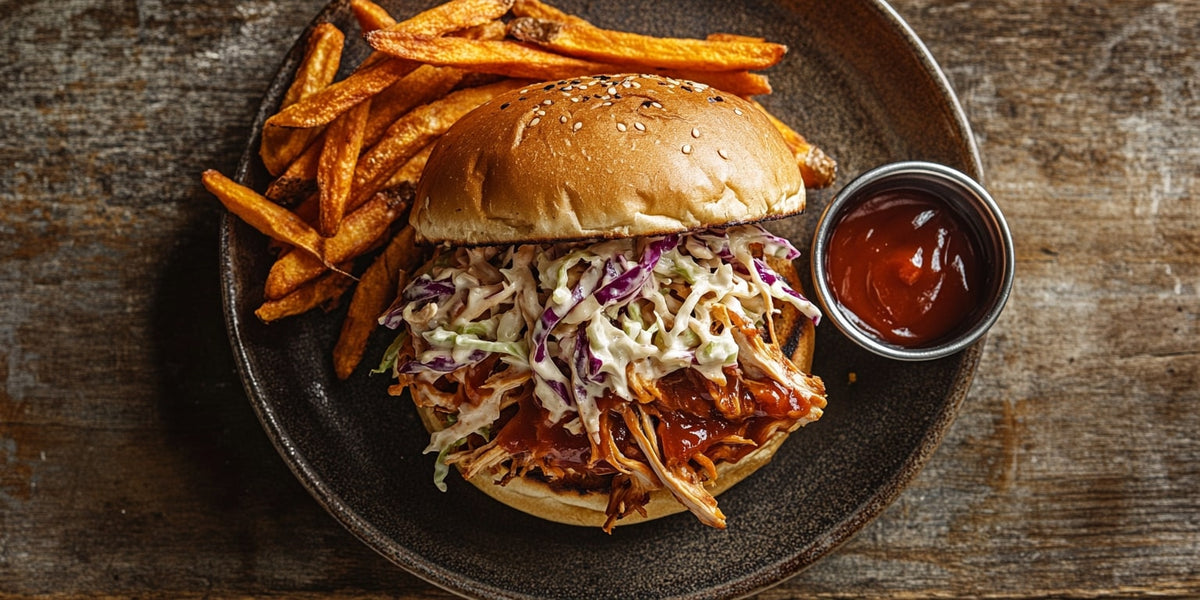 Pulled Chicken Burger auf Teller angerichtet Alt-Text: Pulled Chicken Burger mit BBQ-Sauce und Coleslaw auf Teller serviert