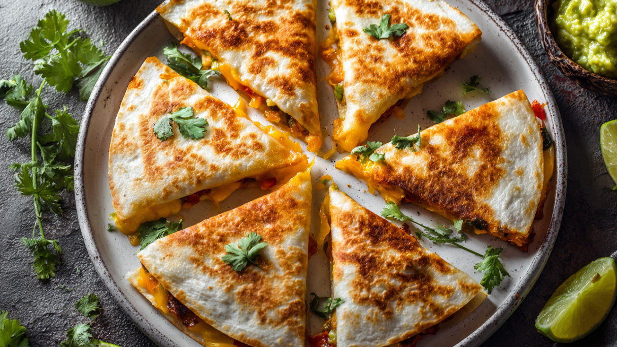 Quesadilla Rezept – goldbraun gebratene mexikanische Quesadillas mit geschmolzenem Käse, frischem Koriander und Limettenstücken auf Teller