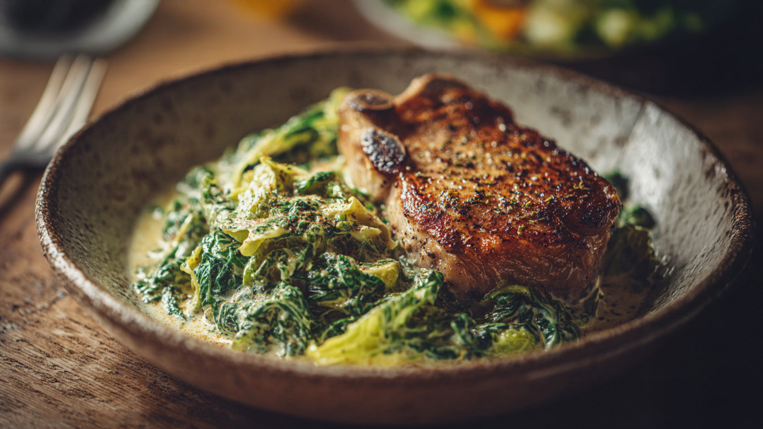 Rahmwirsing mit Minutensteak – cremiges Wirsinggemüse mit zart gebratenem Fleisch in einer Schale serviert